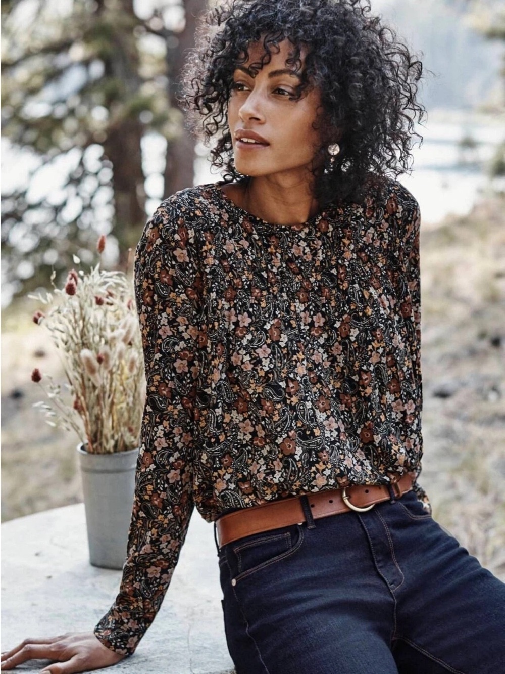 J. Jill smocked Women’s Floral Paisley Long Sleeve shirt blouse Fall XL feminine